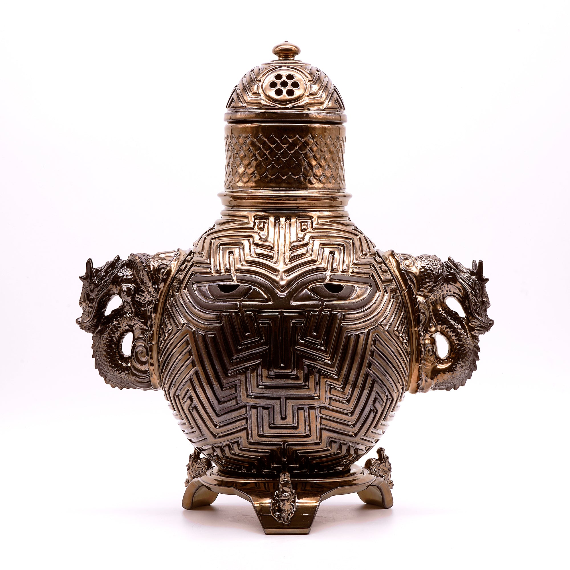 中国清代染付鉢　特大　香炉　筆立　昇龍　縁起物　運気上昇 期間限定】《COOL is TEA 2026》金理有 煌金彩線刻龍取手大香炉